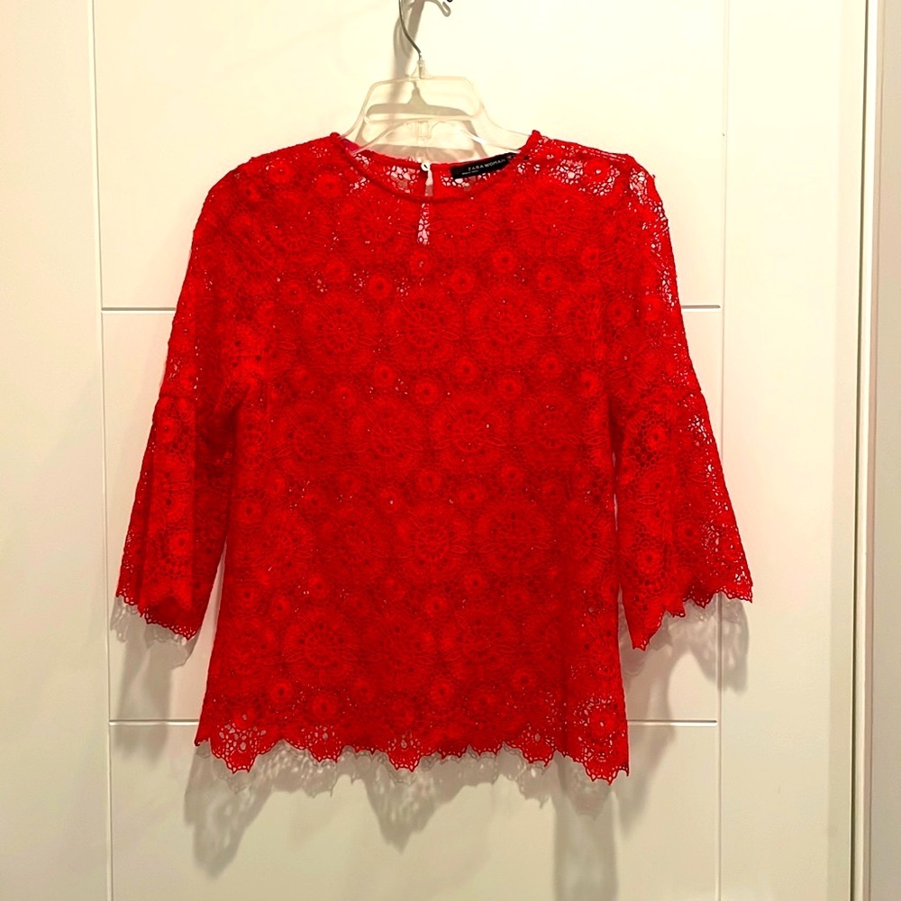 Zara Red Lace Top With Bell Sleeves